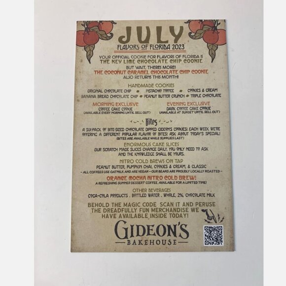 Gideon's Bakehouse Menu Card Lydia Lovecraft July 2023 Flavors of Florida Disney - Picture 2 of 2